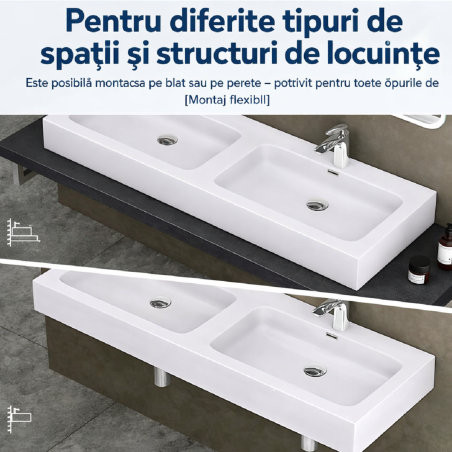 Lavoar dublu EGO 830, Alb, mat, 140x48 cm, montaj pe blat sau suspendat, compozit marmura, cu doua gauri de baterie