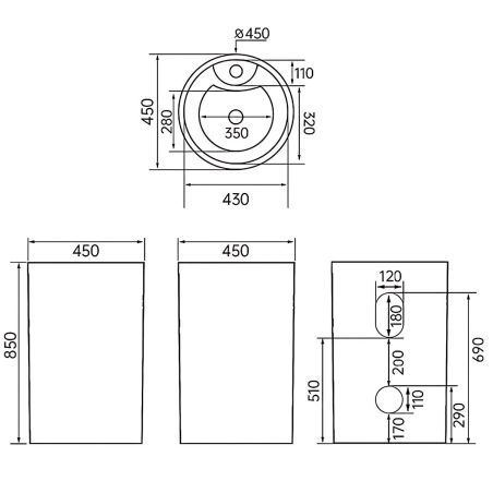 Lavoar stativ, Resigilat, Alb Lucios, cu gaura de baterie, diametru 45 cm, ceramica sanitara, Modena