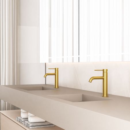 Baterie lavoar, Auriu Mat, Perlator, otel inoxidabil, montaj pe lavoar, Fino