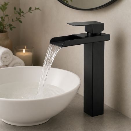 Baterie lavoar, tip cascada, montaj pe blat, Negru Mat, inaltime 31.4 cm, Cortano