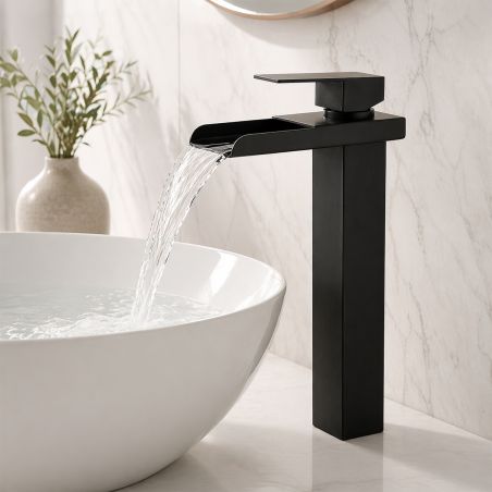 Baterie lavoar, tip cascada, montaj pe blat, Negru Mat, inaltime 31.4 cm, Cortano