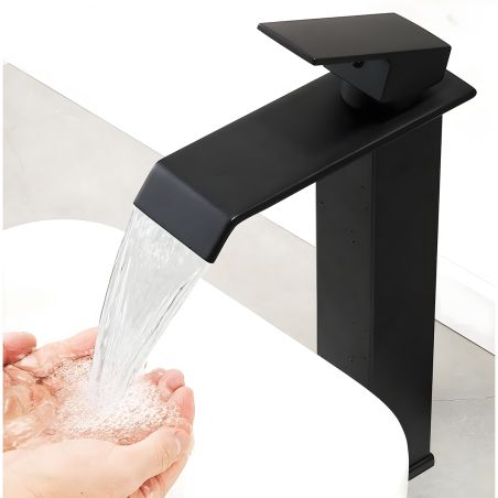 Baterie lavoar, tip cascada, inaltime 30 cm, montaj pe blat, Negru Mat, Avira