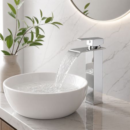 Baterie lavoar, tip cascada, montaj pe blat, Crom, inaltime 30.2 cm, Avira