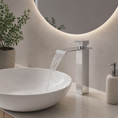 Baterie lavoar, tip cascada, montaj pe blat, Crom, inaltime 30.2 cm, Avira
