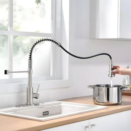 Baterie bucatarie, dus extractabil ,2 tipuri de pulverizare, pipa flexibila rotativa 360°, otel inoxidabil, Nichel Mat, Rivon