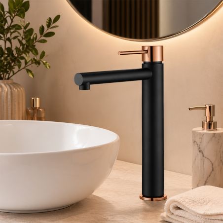 Baterie lavoar, perlator, montaj pe blat, Negru cu Rose Gold, inaltime 30.5 cm, Murano