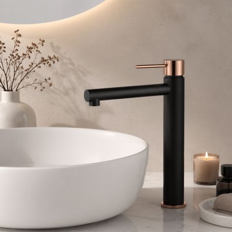 Baterie lavoar, perlator, montaj pe blat, Negru cu Rose Gold, inaltime 30.5 cm, Murano