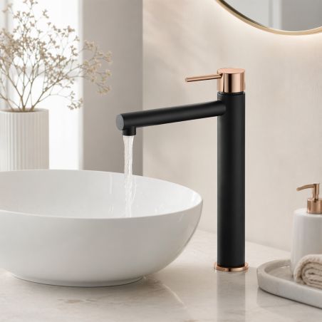 Baterie lavoar, perlator, montaj pe blat, Negru cu Rose Gold, inaltime 30.5 cm, Murano