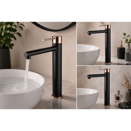 Baterie lavoar, perlator, montaj pe blat, Negru cu Rose Gold, inaltime 30.5 cm, Murano