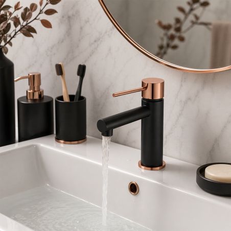 Baterie lavoar, perlator, montaj pe lavoar, Negru cu Rose Gold, Murano