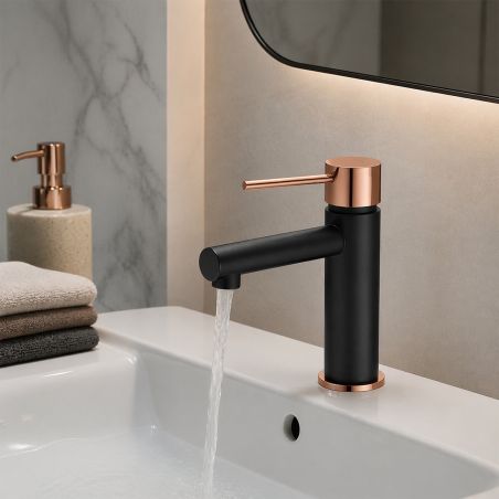 Baterie lavoar, perlator, montaj pe lavoar, Negru cu Rose Gold, Murano