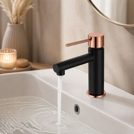 Baterie lavoar, perlator, montaj pe lavoar, Negru cu Rose Gold, Murano
