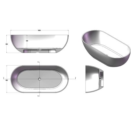 Cada de baie, Compozit Coroian, Antracit Mat, 180x85 cm, Izolare termica, Freestanding, Runa