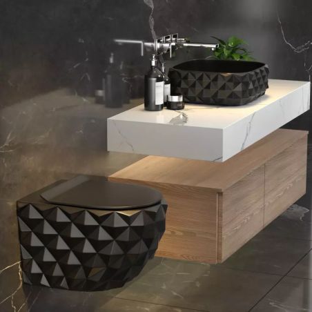 Set vas wc si lavoar, Negru Lucios, montaj suspendat si pe blat, 49x36-61x34 cm, capac duroplast, Sidef