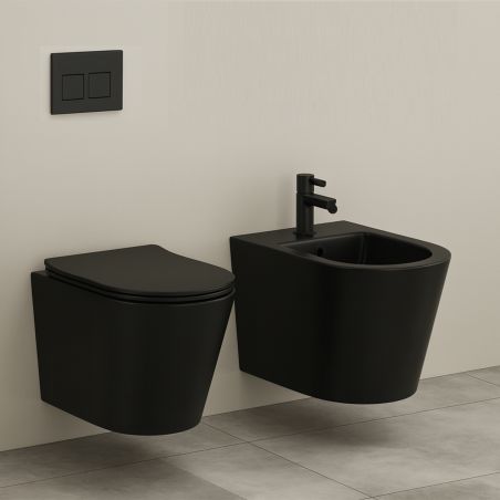 Vas WC EGO Galo Rimless, Negru mat, 53x36 cm, montaj suspendat, capac duroplast slim soft-close inclus