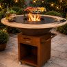 Gratar cu plita din fonta Aurelius, corten 2 mm, blat stejar, spatiu lemne, maner si roti pivotante, Ø100xH100 cm