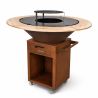 Gratar cu plita din fonta Aurelius, corten 2 mm, blat stejar, spatiu lemne, maner si roti pivotante, Ø100xH100 cm