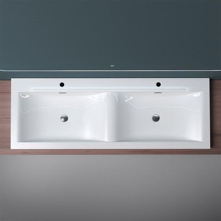 Lavoar Dublu EGO 03, Alb lucios, 120 sau 144 cm lungime, compozit marmura, montaj semi-incastrat, cu doua gauri de baterie