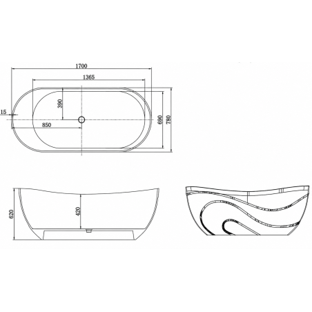 Cada de baie, compozit mineral, ventil inclus alb, freestanding, Alb Lucios,170x78 cm, Calista