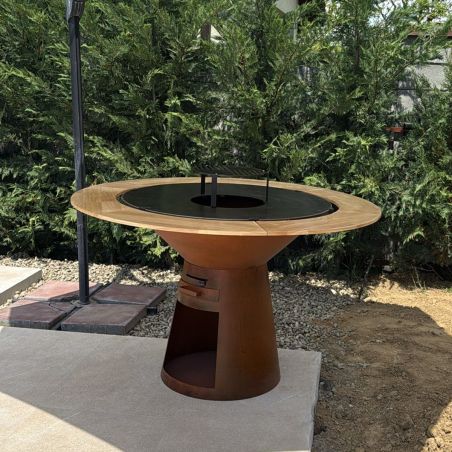 Gratar pe lemn cu plita mare din fonta si blat din lemn, spatiu depozitare lemne, otel corten, dia 100xH 90 cm, Avangarde