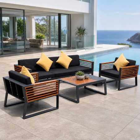 Set mobilier terasa gradina, canapea, 2 fotolii, masuta cafea cu ice bucket, aluminiu si lemn, Kia