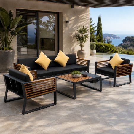 Set mobilier terasa gradina, canapea, 2 fotolii, masuta cafea cu ice bucket, aluminiu si lemn, Kia