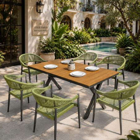 Set mobilier, masa 200 cm + 6 scaune cu impletitura tip funie verde, gradina sau terasa, aluminiu dark grey, Zen