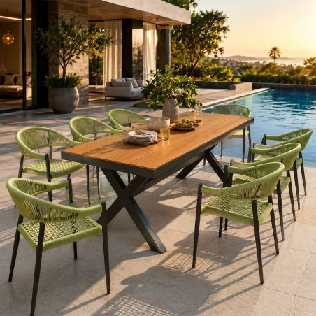 Set mobilier, masa 200 cm + 8 scaune cu impletitura tip funie verde, gradina sau terasa, aluminiu dark grey, Zen