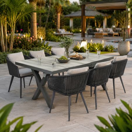 Set mobilier, masa extensibila cu blat de piatra, 6 persoane, gradina sau terasa, aluminiu, impletitura tip funie, Maldives
