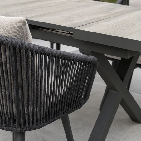 Set mobilier, masa extensibila cu blat de piatra, 6 persoane, gradina sau terasa, aluminiu, impletitura tip funie, Maldives