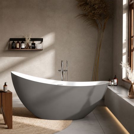 Cada de baie, freestanding, acril, ventil si preaplin crom inclus, Gri Mat exterior Alb Lucios interior, 160x80 cm, Cairo