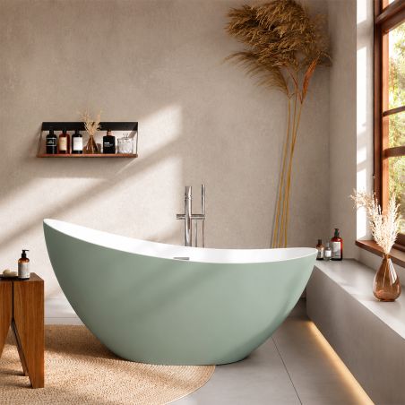 Cada de baie, freestanding, acril, ventil si preaplin crom inclus, Verde Mint Mat exterior Alb Lucios interior, 160x80 cm, Cairo