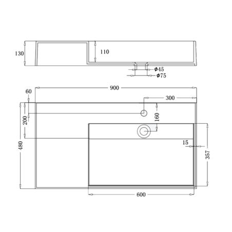 Lavoar EGO 12 L, Alb, 90x48 cm, compozit marmura, montaj pe blat sau suspendat, scurgere mascata, gaura baterie pe stanga