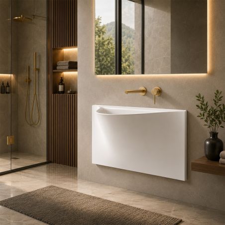 Lavoar Alb lucios, design ultra-subtire, montaj suspendat pe perete, 90x41 cm, Liam
