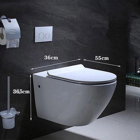 Vas wc Resigilat, Rimless, Taharet, baterie apa calda/rece, Alb, montaj suspendat, capac Soft-Close, 55x36 cm, Angi