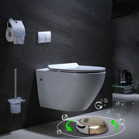 Vas wc Resigilat, Rimless, Taharet, baterie apa calda/rece, Alb, montaj suspendat, capac Soft-Close, 55x36 cm, Angi