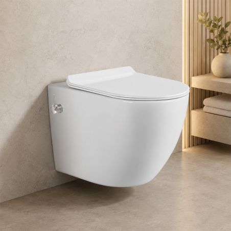 Vas wc Resigilat, Rimless, Taharet, baterie apa calda/rece, Alb, montaj suspendat, capac Soft-Close, 55x36 cm, Angi