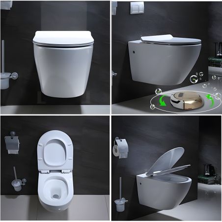 Vas wc Resigilat, Rimless, Taharet, baterie apa calda/rece, Alb, montaj suspendat, capac Soft-Close, 55x36 cm, Angi