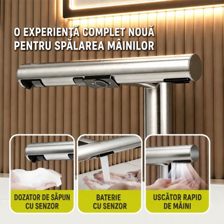 Baterie lavoar, apa rece, dozator sapun, senzor, uscator maini, alama, montaj pe lavoar, alimentare electrica, Velis
