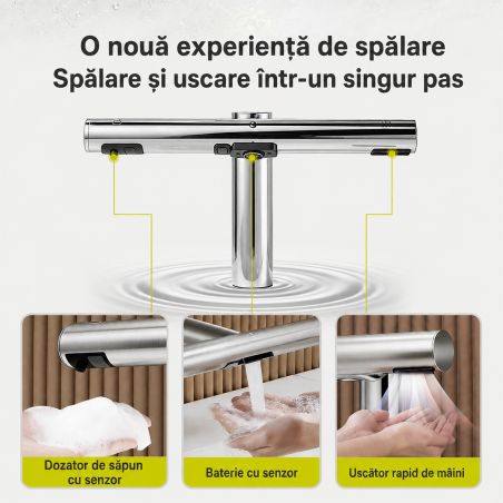 Baterie lavoar, apa rece, dozator sapun, senzor, uscator maini, alama, montaj pe lavoar, alimentare electrica, Velis