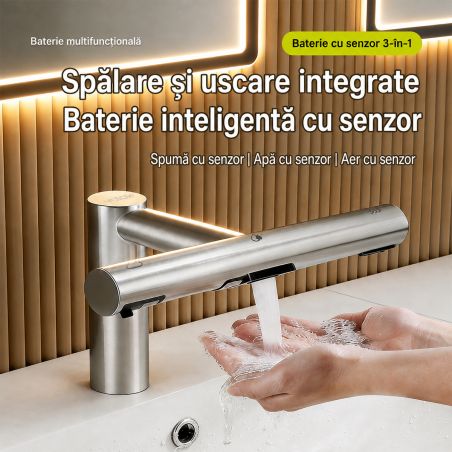 Baterie lavoar, apa rece, dozator sapun, senzor, uscator maini, alama, montaj pe lavoar, alimentare electrica, Velis