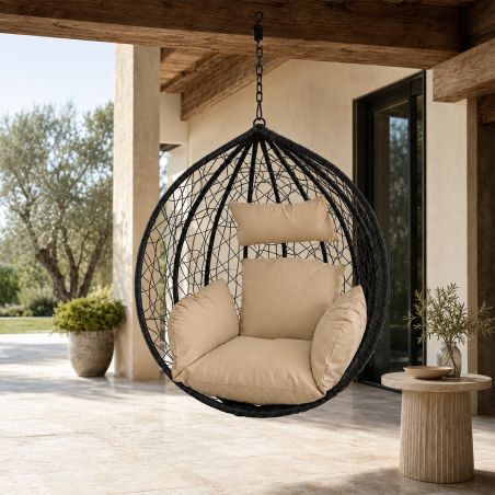 Cos, fotoliu suspendat, gradina, terasa, curte, living, ratan sintetic, Negru, cu perne Bej si lant inclus, 107x64x116 cm