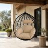 Cos, fotoliu suspendat, gradina, terasa, curte, living, ratan sintetic, Negru, cu perne Bej si lant inclus, 107x64x116 cm