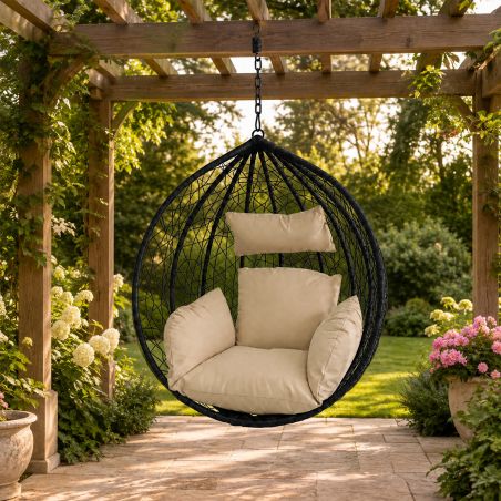 Cos, fotoliu suspendat, gradina, terasa, curte, living, ratan sintetic, Negru, cu perne Bej si lant inclus, 107x64x116 cm