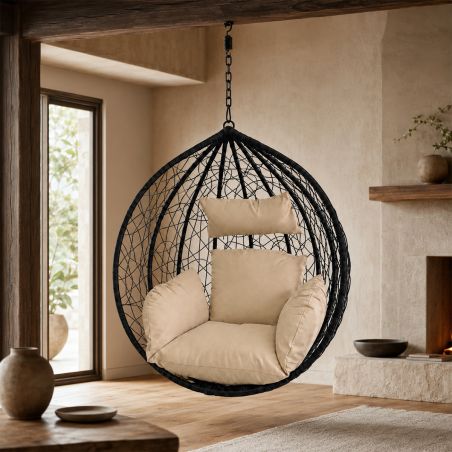 Cos, fotoliu suspendat, gradina, terasa, curte, living, ratan sintetic, Negru, cu perne Bej si lant inclus, 107x64x116 cm