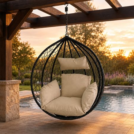 Cos, fotoliu suspendat, gradina, terasa, curte, living, ratan sintetic, Negru, cu perne Bej si lant inclus, 107x64x116 cm