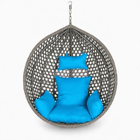 Cos, fotoliu suspendat, gradina, terasa, curte, living, ratan sintetic, Gri, cu perne albastre si lant inclus, 109 x 65 x 113 cm