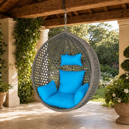 Cos, fotoliu suspendat, gradina, terasa, curte, living, ratan sintetic, Gri, cu perne albastre si lant inclus, 109 x 65 x 113 cm