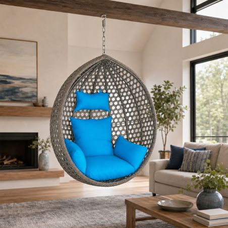 Cos, fotoliu suspendat, gradina, terasa, curte, living, ratan sintetic, Gri, cu perne albastre si lant inclus, 109 x 65 x 113 cm