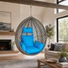 Cos, fotoliu suspendat, gradina, terasa, curte, living, ratan sintetic, Gri, cu perne albastre si lant inclus, 109 x 65 x 113 cm